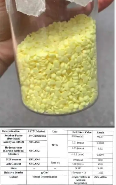 成品片状硫磺及检验结果